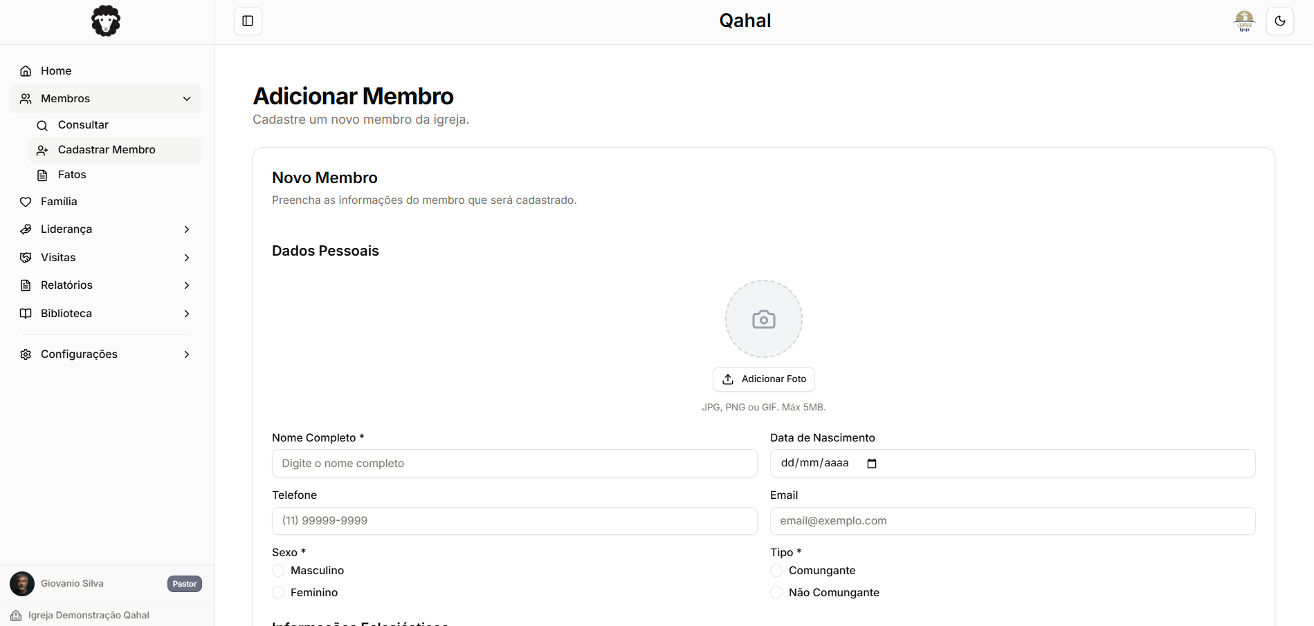 Formulário de cadastro de membro de igreja no Qahal