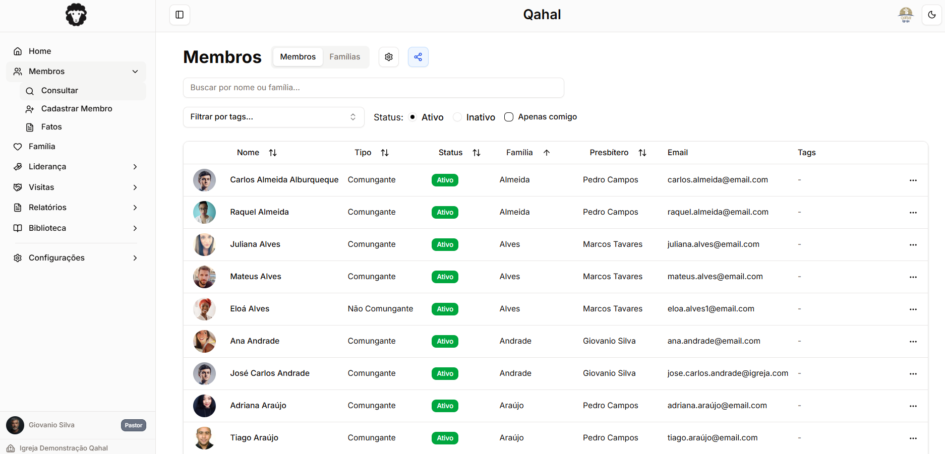 Cadastro de membros de igreja online – lista de membros no Qahal